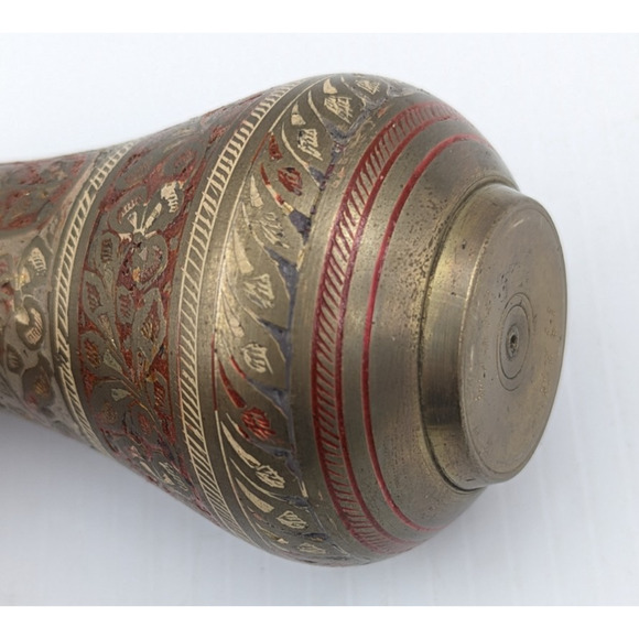 Brass Vase Enameled Floral Ornate Etched Vintage 5" Tall Marked 1923 India - Picture 6 of 9